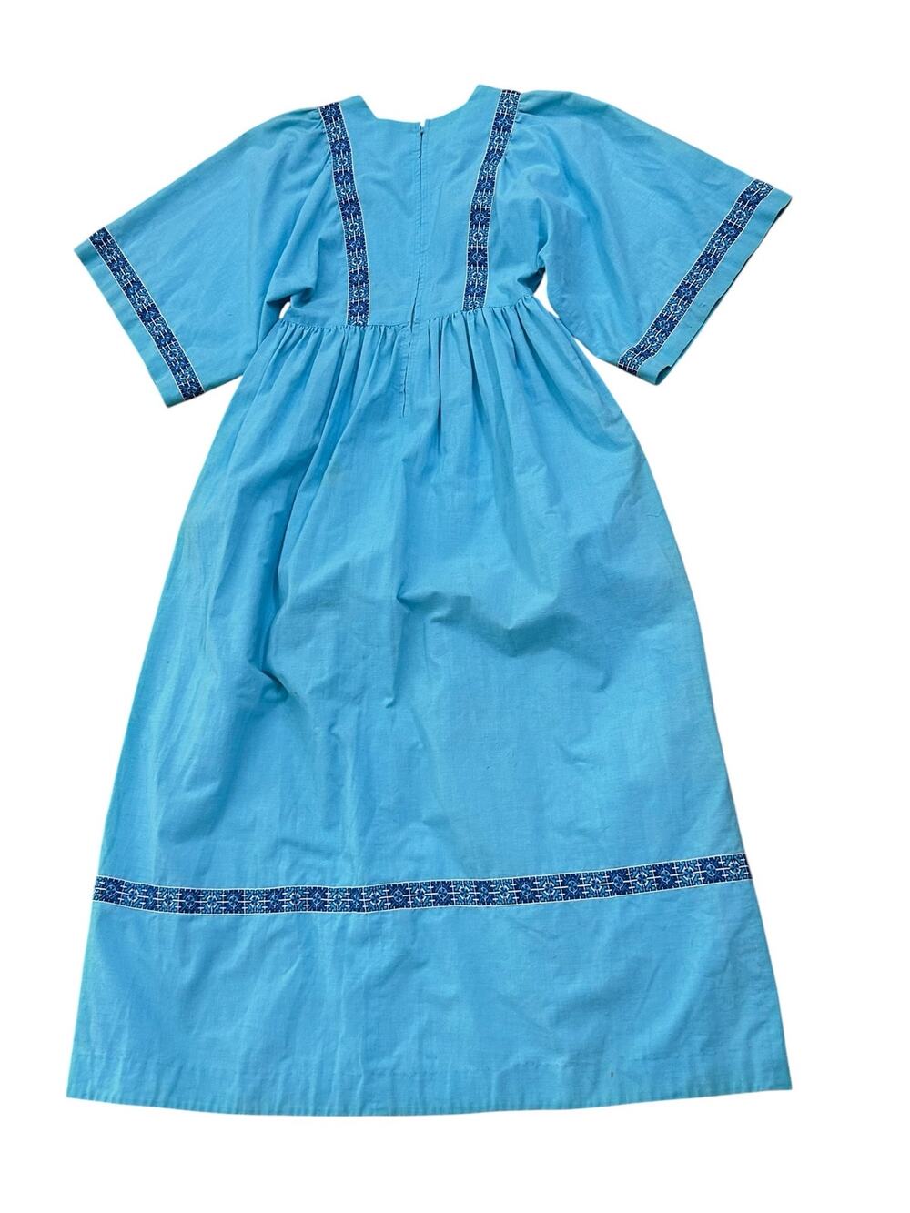 Vintage 70s Turquoise Maxi Dress Bell Sleeve Woven Trim Prairie Boho S/M -